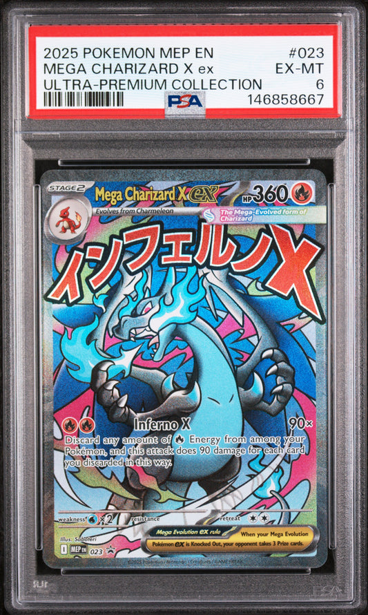 2025 POKEMON MEP EN-ME BLACK STAR PROMO #023 MEGA CHARIZARD X ex ULTRA-PREMIUM COLLECTION PSA 6