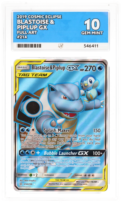 2019 COSMIC ECLIPSE BLASTOISE & PIPLUP GX FULL ART #214 ACE GEM MINT 10