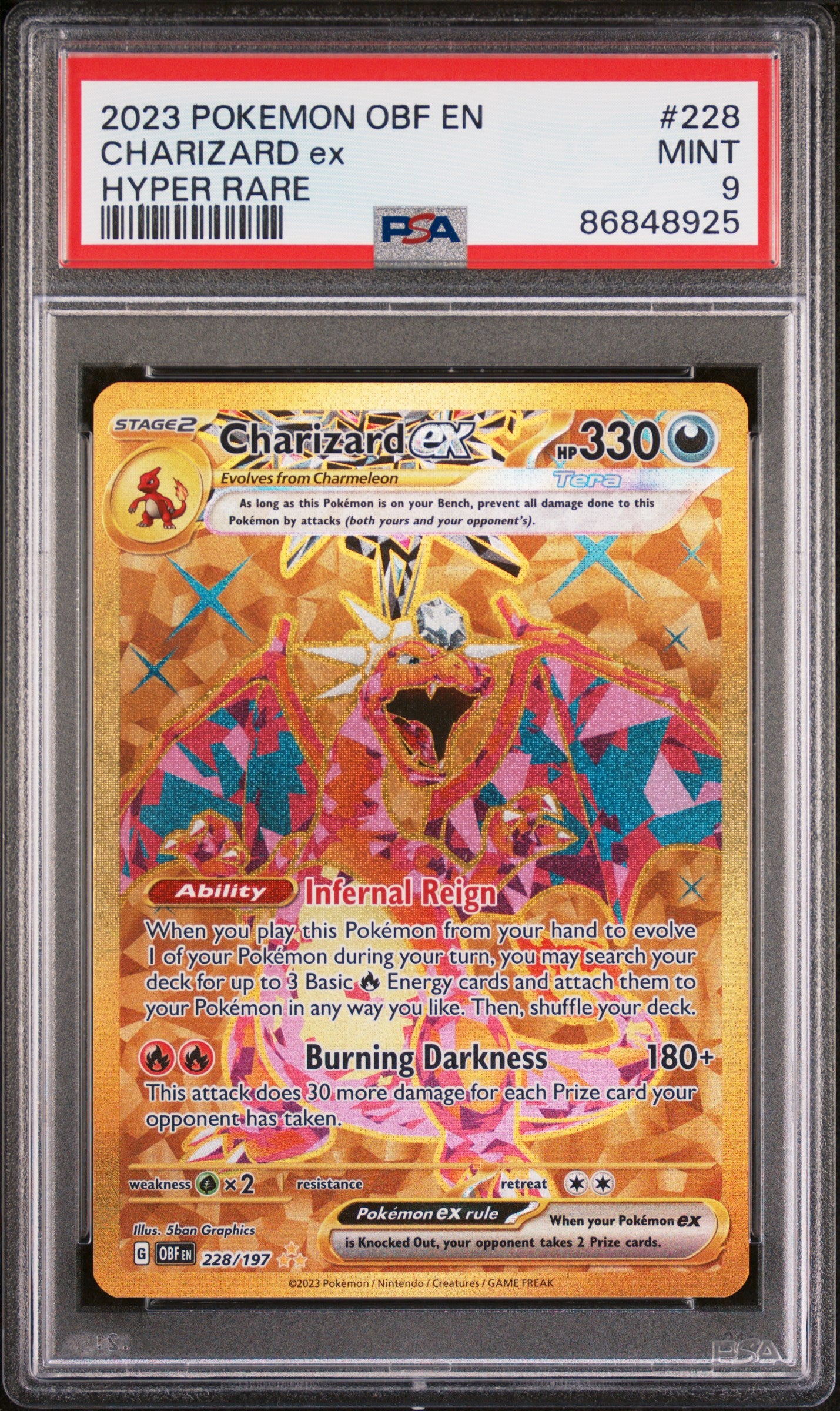 2023 POKEMON OBF EN-OBSIDIAN FLAMES #228 CHARIZARD ex HYPER RARE PSA MINT 9
