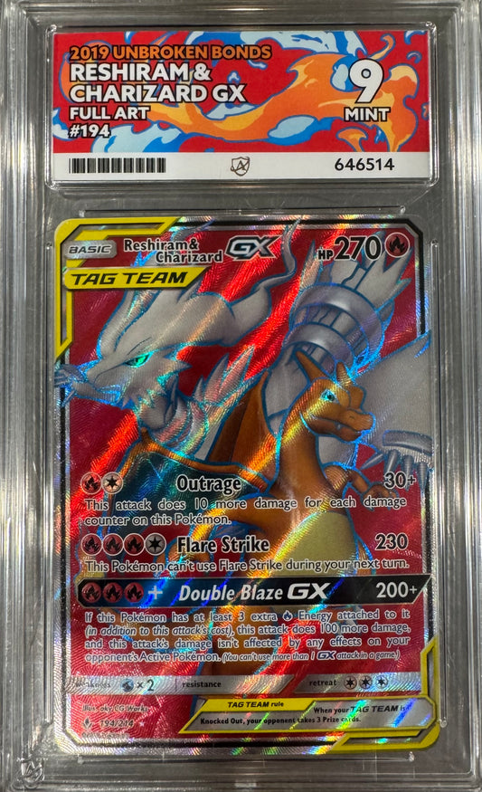 2019 UNBROKEN BONDS RESHIRAM & CHARIZARD  GX FULL ART #194 ACE MINT 9